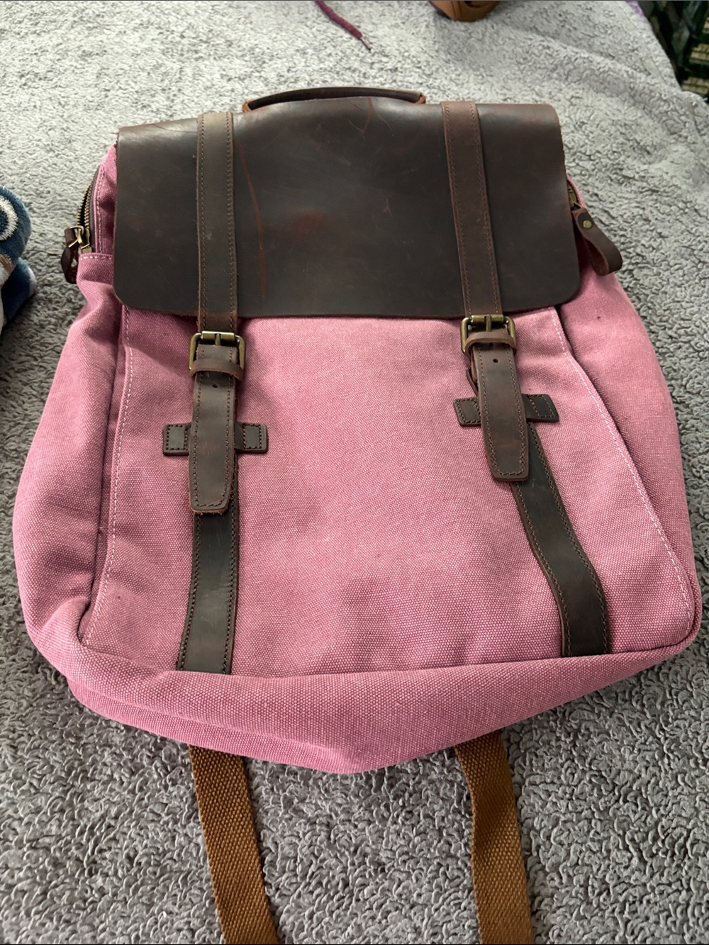 S-Zone Vintage-Style Pink Canvas Leather Backpack 15.6 inch Laptop Bag